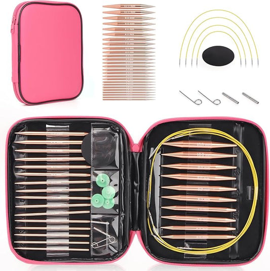 Interchangeable Circular Knitting Needles Set, 13 Pairs (26pcs) Rose Gold Aluminum Knitting Needles Kit, Sizes 3.0mm–10.0mm, Knitting Needle Case & Accessories for Knitting Beginners & Advanced