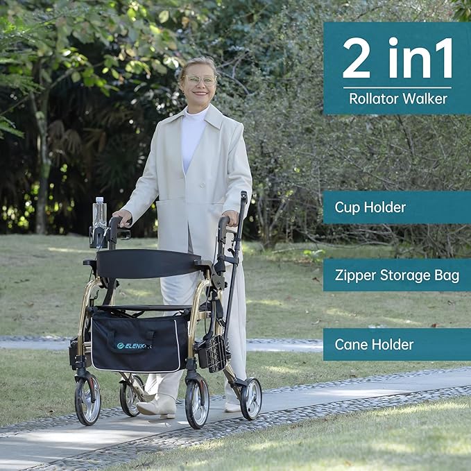 ELENKER 2 in 1 Rollator Walker & Transport Chair for Seniors, Folding Rolling Walker Wheelchair Combo with Wide Seat and Shock Absorber, Champagne