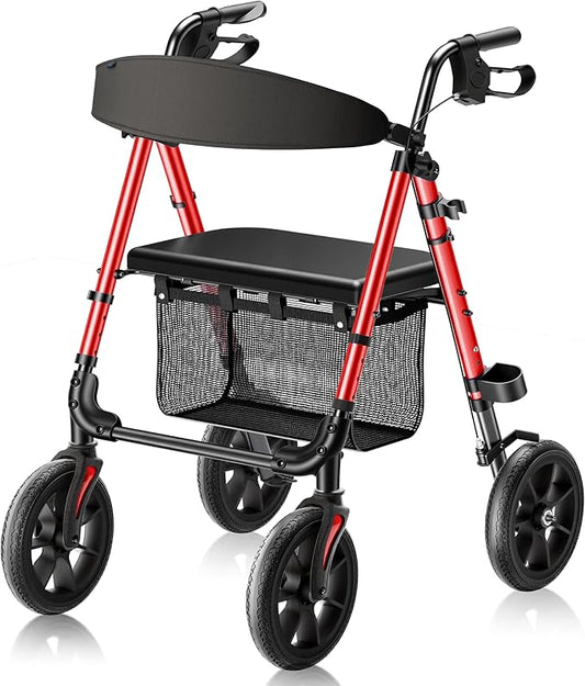 WALK MATE Walkers for Seniors, Rollator Walker with Seat 4 x10 Inch Big Wheels, Foldable All Terrain Rolling Walker, Lightweight Mobility Aid with Adjustable Height, 350lb Weight Capacity, Red