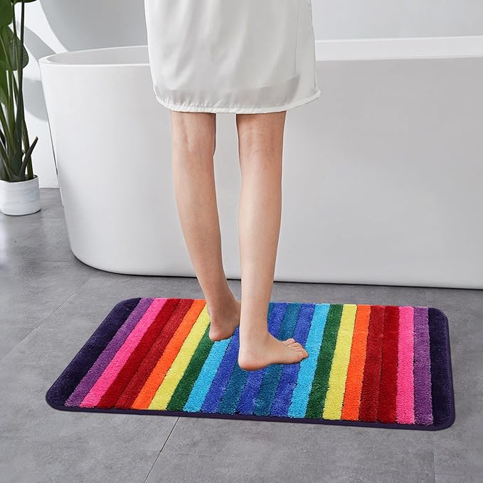NIENLCIP Rainbow & Colorful Bathroom Rug, Soft Plush Non-Slip Bath Mat, Machine Washable Absorbent Shower Rug with Rubber Backing for Bathroom/Toilet, 20" x 32"