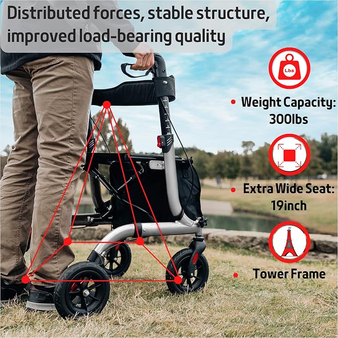 Rollator Walker for Seniors, Lightweight Foldable All Terrain Rolling Walker with seat, Aluminum Walkers with 8 inch Rubber Wheels, Handles and Backrest for Seniors and Adult