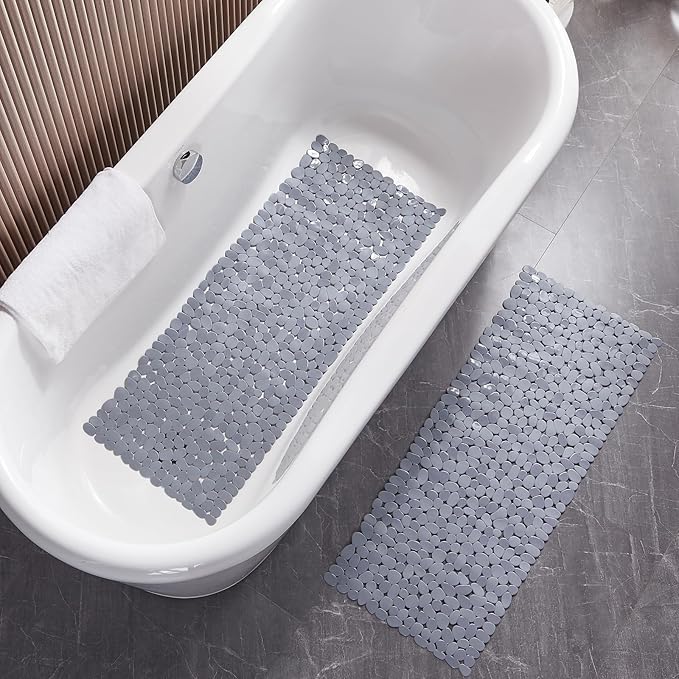 Bath Shower Mat Non Slip: Extra Large Pebble Bathtub mat for Families, Anti Slip Shower Matt with Drain Holes Suction Cups Tub Mat - 16 X 40 Inch Grey
