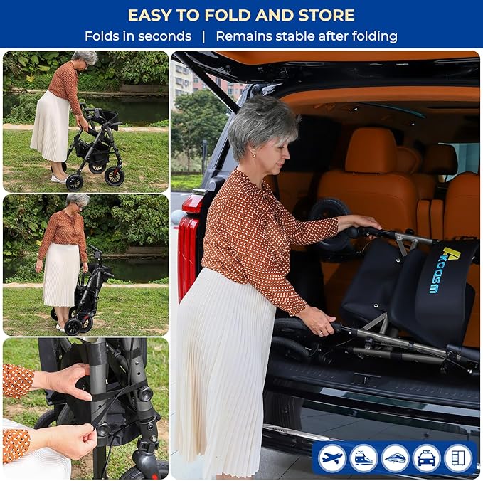 Foldable Rollator Walker for Seniors with Seat, Lightweight 2 in 1 Rolling Walkers Wheelchair Combo for Adult, Transport Chair with Brakes, Adjustable Seat and Handle, 300 Lb. Weight Capacity, Grey