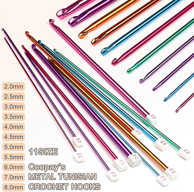 Coopay Long Crochet Hook Set, 11pcs Tunisian Multicolor Afghan Crochet Needles for Crocheting, 2mm(B)-8mm(L), Great Knitting & Crochet Supplies Tool for Beginner, Crocheter & Knitter