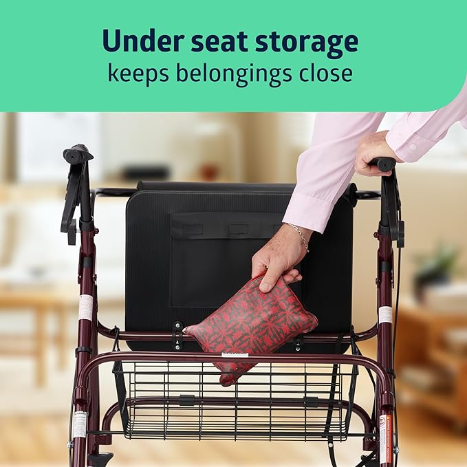 Medline Large Extra Wide Aluminum Bariatric Rollator Walker with Seat, Burgundy, 400 lb. Weight Capacity, Foldable, Under Seat Storage, 8" Wheels, Padded Backrest, Rolling Walker For Seniors & Adults