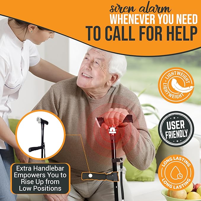 VIVA CARE Walking Cane with Light & Alarm - Foldable, Adjustable, Lightweight, for Balance & Stability for Adults, Seniors, and Injured. [Black]