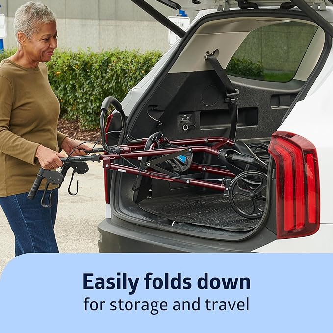 Medline Steel Rollator Walker for Adult Mobility Impairment, Burgundy, 350 lb. Weight Capacity, 8” Wheels, Foldable, Adjustable Handles, Rolling Walker for Seniors