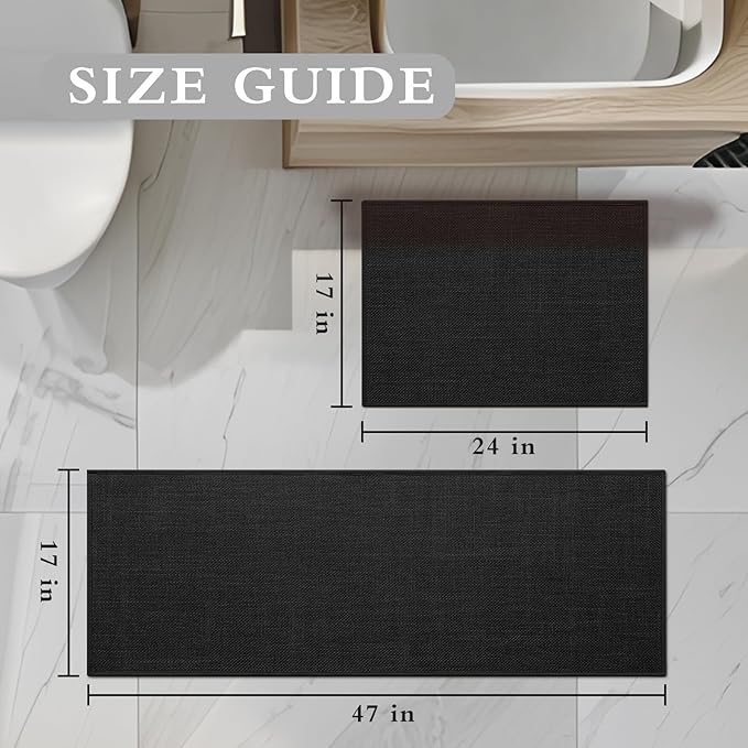 YIHOUSE Black Bathroom Rug Set, 2 Piece, 17"x24" + 17"x47", Non Slip, Quick Dry, Thin, Bath Mat for Bathroom and Kitchen