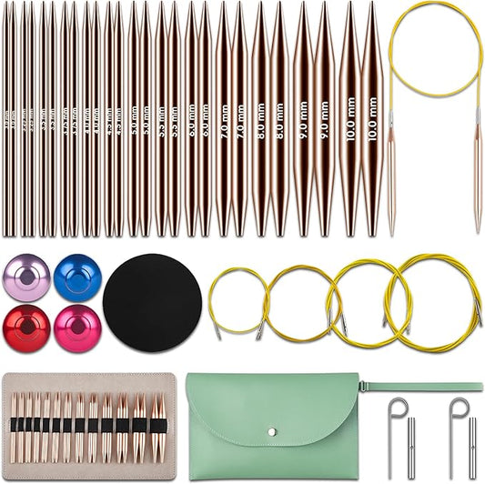 KoovDem Interchangeable Circular Knitting Needles Set - 13 Pairs | Premium Aluminum Needles & Accessories | Rose Gold