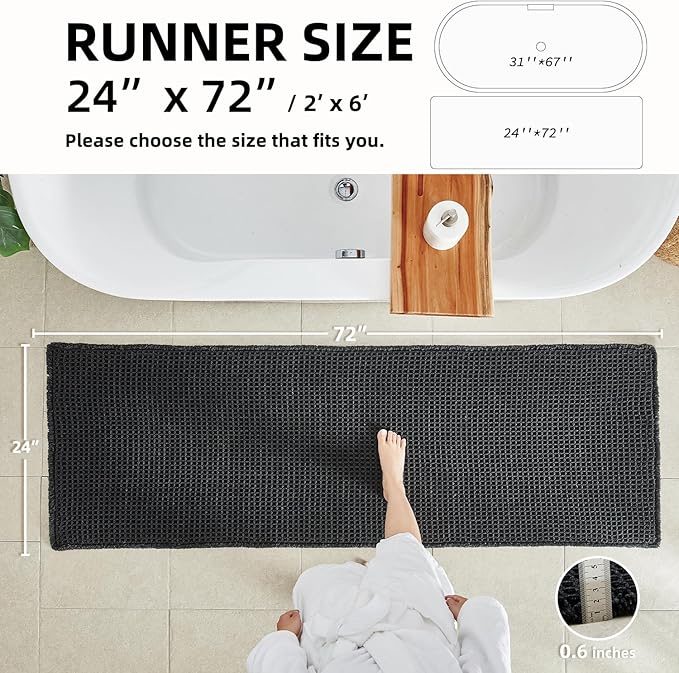 Black Long Bathroom Rug, Waffle Runner Rug Bathroom Non Slip Washable Super Absorbent Quick Dry Boho Farmhouse Bath Decor, 72"x24" Black