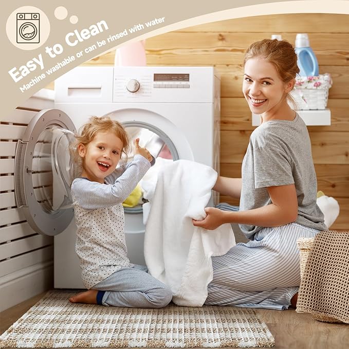 Waffle Bath Mat, Boho Bathroom Rugs Non Slip Washable Absorbent Checkered Bathroom Mat Quick Dry Farmhouse Bathroom Decor, 36"x24" Khaki and White