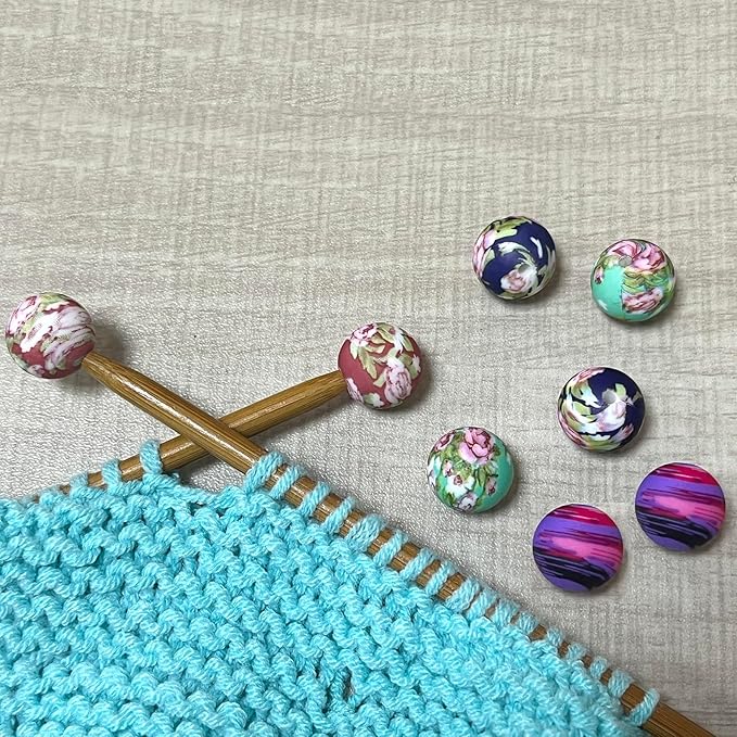 SPANSEE 8 PCS Round Ball Flower Print Stitch Stoppers, Knitting Needle Point Protectors, Stitch Holders for Knitting, Knitting Needle Caps, Knitting Supplies fit Size 2.5-13 (3mm-9mm) Needles