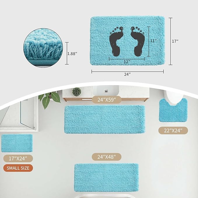 Bathroom Runner Rug 24x70 Teal Non Slip Fluffy Long Bath Mat for Bathroom Floor Washable Plush Luxury Large Bath Rug for Tub Absorbent Runner Rug for Bedside