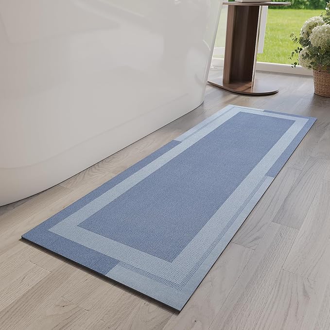 Non Slip Long Bath Mat Bathroom Runner, Rubber Backing Ultra Thin Bathroom Rugs Fit Under Door Quick Dry Super Absorbent Washable Bath Rug Shower Mat for Bathtub Sink Floor, Blue 17"x47"