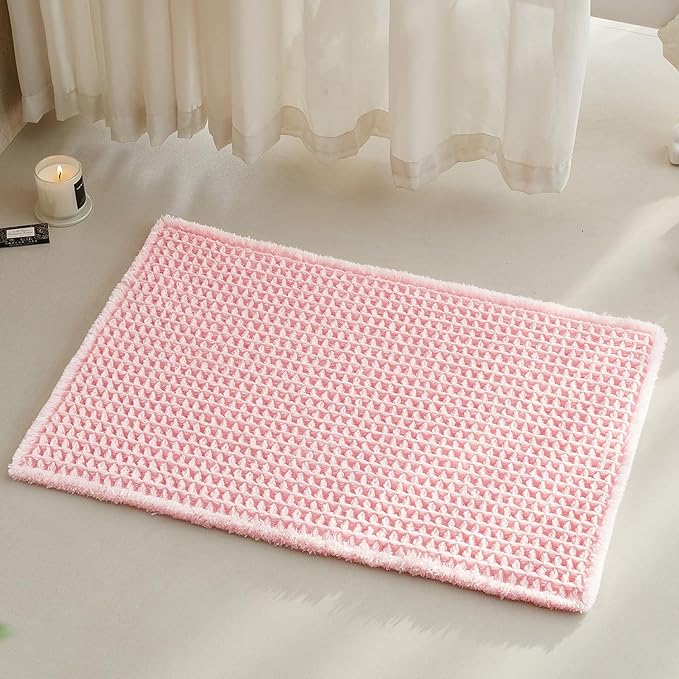 Light Peachy Pink Bathroom Rugs, Waffle Bath Mat Non Slip Washable Quick Dry Cute Bath Mat Boho Farmhouse Bathroom Decor, 30"x20" Light Peachy Pink