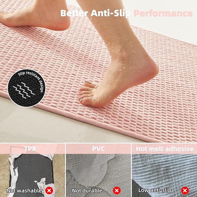 Bathroom Runner Rugs, Long Bath Mat Runner Washable Thin Quick Dry Low Pile Bathroom Runner Rugs Non Slip, Pink 16"x60"