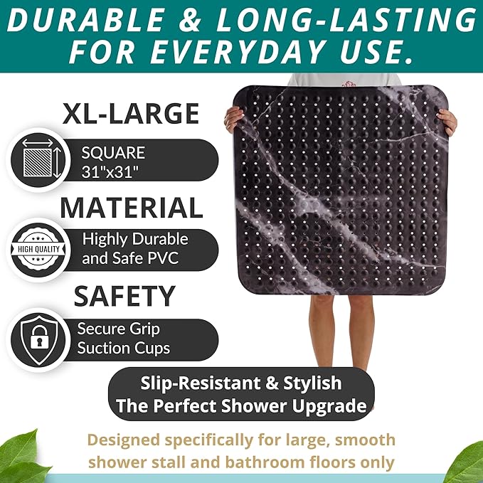 ENKOSI Extra Large Square Non Slip Shower Mat - 31 x 31-inch XL Bathroom Shower Mat - Square Shower Matts for Shower Stall Floors | Secure Suction Cups and Drain Holes (31x31 Marble Black)