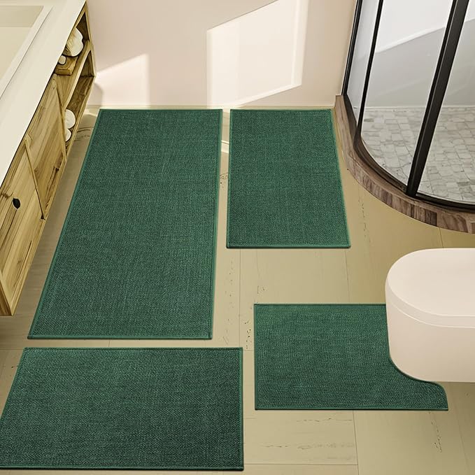 YIHOUSE Green Bathroom Rugs Set 4 Piece, Absorbent Non Slip Washable, Quick Dry, Thin Bath Mat for Toilet and Floor