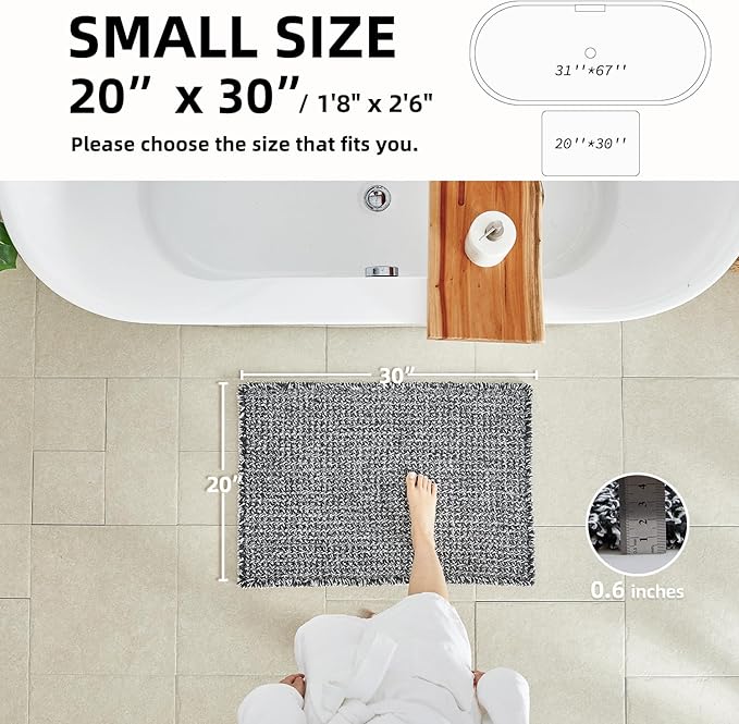 Black and White Bathroom Rugs, Waffle Bath Mat Non Slip Washable Super Absorbent Quick Dry Boho Farmhouse Bathroom Decor, 30"x20" Black and White