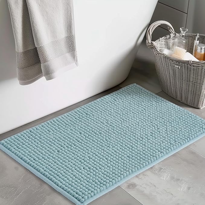 FRESHMINT Thick Chunky Chenille Bathroom Rug, 20"x32", Non Slip Bath Mat, Soft Bathroom Decor, Cute Shower Mat, Water Absorbent, Washable, Aqua Blue