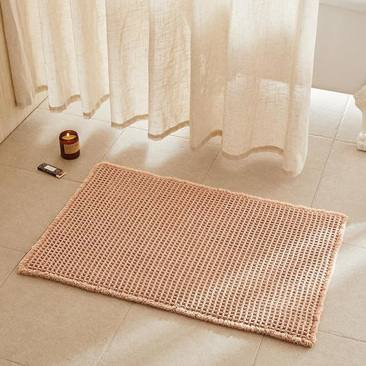 Waffle Bath Mat, Boho Bathroom Rugs Non Slip Washable Super Absorbent Quick Dry Bath Mat Farmhouse Bathroom Decor, 36"x24" Light Peach