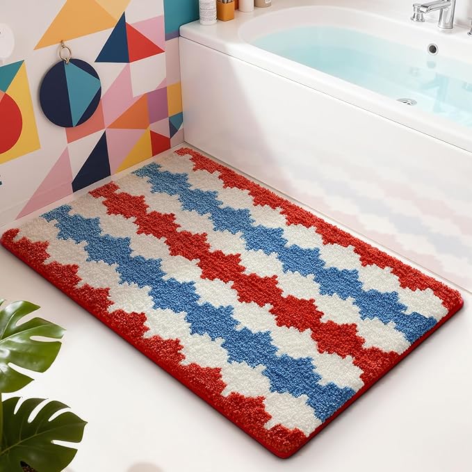 LUMI Bathroom Rugs with Wave, Soft Absorbent Bath Mat for Modern Home Decor, Non-Slip Quick-Dry Bath Rug, Machine Washable Floor Mat for Shower and Tub, Entryway, 20"x32", Azure Wave