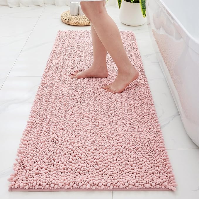 Bathroom Runner Rug 24x60 Non Slip Washable Long Bath Mat for Tub Thick Soft Absorbent Bathroom Floor Mat Large Chenille Bath Rug for Shower, Pink