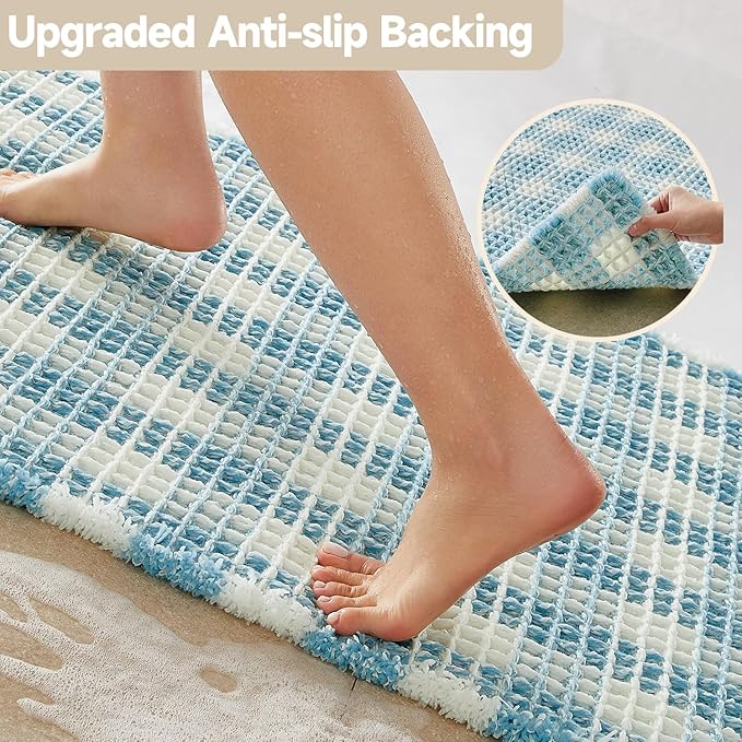 Waffle Bath Mat, Boho Bathroom Rugs Non Slip Washable Absorbent Checkered Bathroom Mat Quick Dry Cute Bath Mat, 36"x24" Blue and White