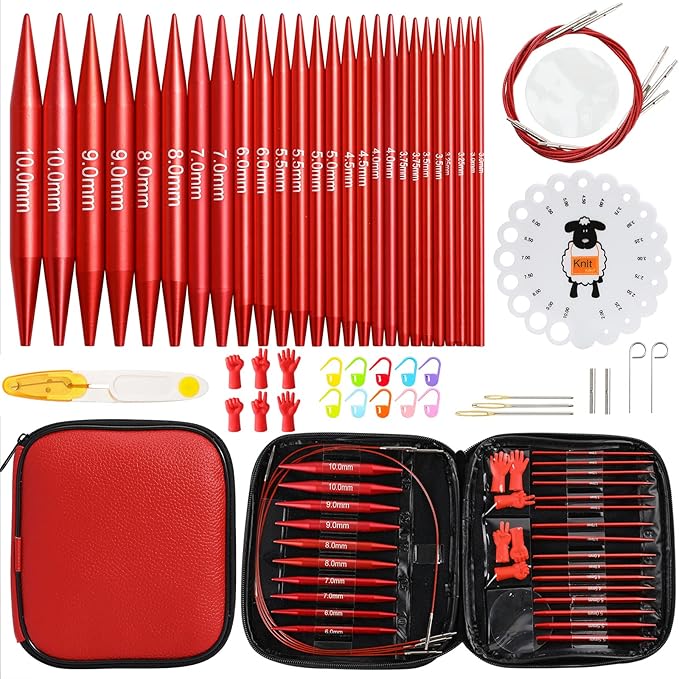 Looen 57 pcs Aluminum Circular Knitting Needles Set with Ergonomic Handles,13 Size Interchangeable Crochet Needles with Storage Case for Small Project (Style 1 New Red)