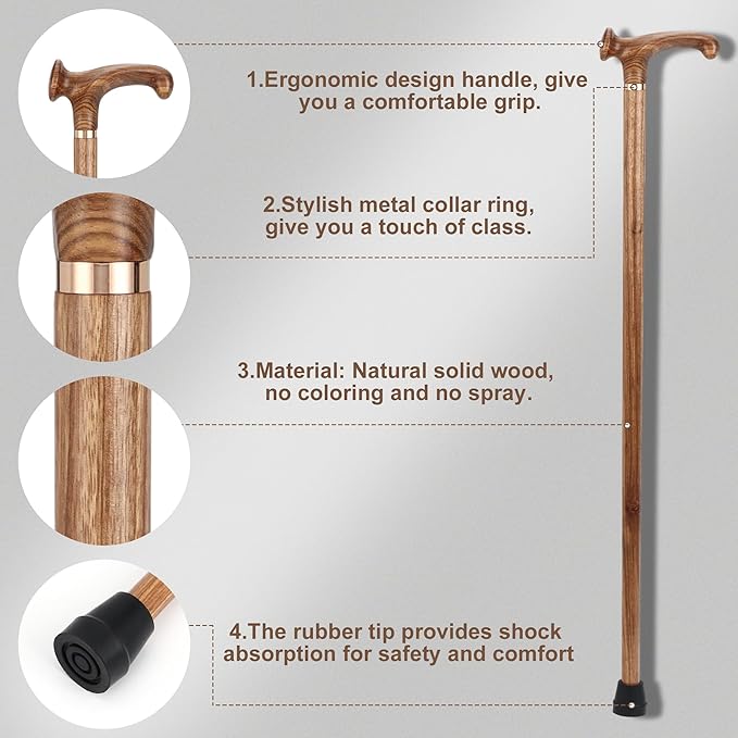 Walking Canes for Men and Women, Wooden Sticks for Seniors, Handcrafted, Ergonomic, Wood Wax Oil Coating Walking Canes for Senior Balance, Crutches for Adults