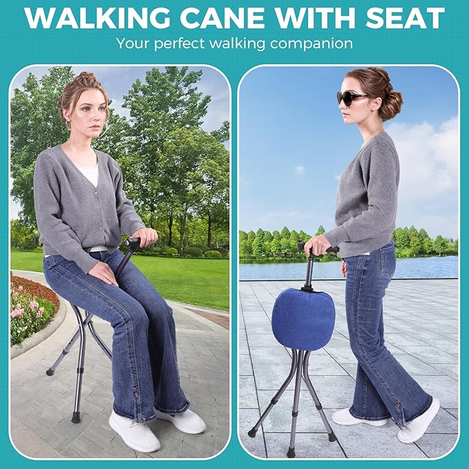 Portable Adjustable Folding Walking Cane with Seat and Cushion，Cane seat for Seniors with Magnetic Massage Handle, Lightweight Walking Cane with LED Light，Supports up to 330 Pounds