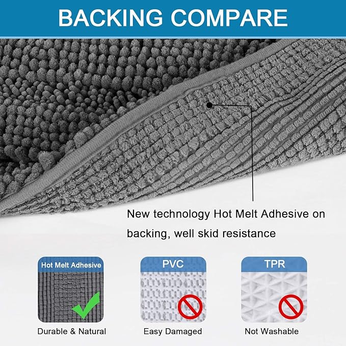 H.VERSAILTEX 2 Piece Bathroom Set - Super Absorbent Chenille Striped Bath Mats, Non Skid, Machine Washable - Grey, 24 x 36 Plus 20 x 32 Inches