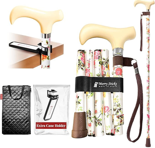 [Combo] Merry Sticks Lightweight Foldable Walking Canes for Women and Men, Adjustable & Collapsible Walking Stick for Seniors, Includes A Cane Bag & A Smart Reflective Cane Holder