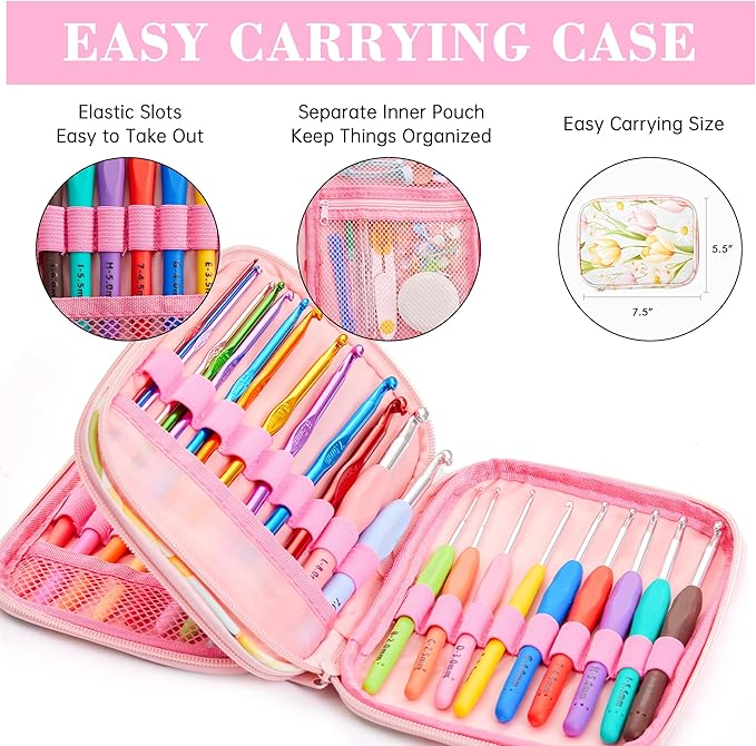 INSCRAFT 87 Pcs Crochet Hook Set, 19 Sizes 0.5mm-8mm(L), Ergonomic Soft Grip Handles Crochet Needles Kit with Case for Arthritic Hands, Crochet Starter Kit for Beginners Knitting Yarn Lovers