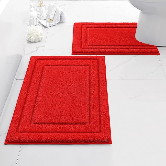 HOMEIDEAS Bathroom Rugs Sets 2 Piece, Super Soft and Absorbent Non Slip Microfiber Machine Washable Bath Mat Set (20"x32"+U20 x24, Red)
