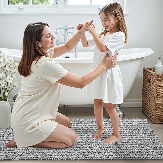 Non Slip Bathroom Rug Machine Washable Thick Grey Bath Mat 24x44 Soft Absorbent Bathroom Floor Mat Chenille Bath Rug for Shower Tub
