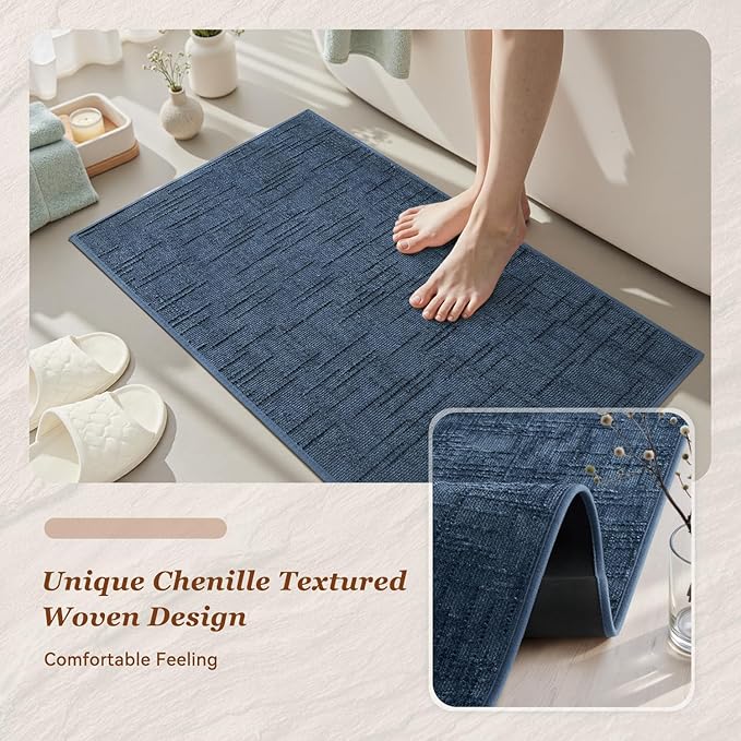 AMOAMI Bath Mat Non Slip Super Absorbent Quick Dry Bath Mats for Bathroom Floor Rubber Backing Washable Bathroom Rugs Modern Woven Jacquard Mat, Beside Tub Bath Rugs, 20" x 32", Blue