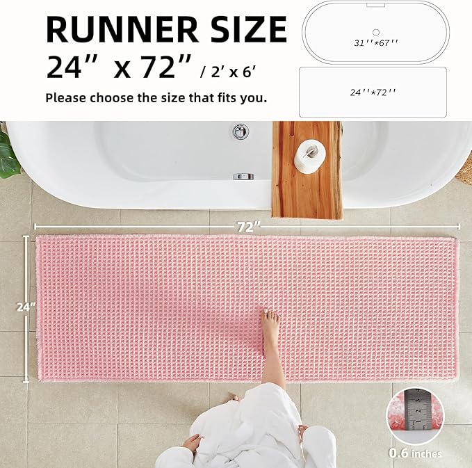 Light Peachy Pink Long Bathroom Rugs, Waffle Runner Rug Bathroom Non Slip Washable Quick Dry Cute Bath Mat Boho Farmhouse Bath Mat, 72"x24" Light Peachy Pink
