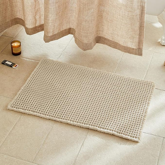 Pale Beige Bathroom Rug, Waffle Bath Mat Non Slip Washable Super Absorbent Quick Dry Boho Farmhouse Bathroom Decor, 30''x20'' / 1'8" x 2'6" Pale Beige