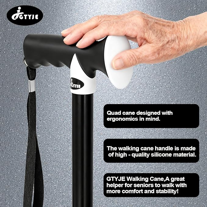 Quad Cane with LED Light (300 lbs) - Adjustable 4-Pronged Walking Cane Sticks for Men & Women, Extra Balance & Stability for Seniors