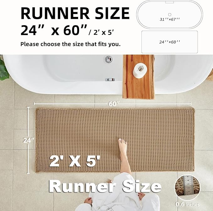 Waffle Runner Rug Bathroom, Long Boho Bathroom Rugs Non Slip Washable Super Absorbent Quick Dry Farmhouse Bath Decor, 60"x24" / 5'x2' Khaki