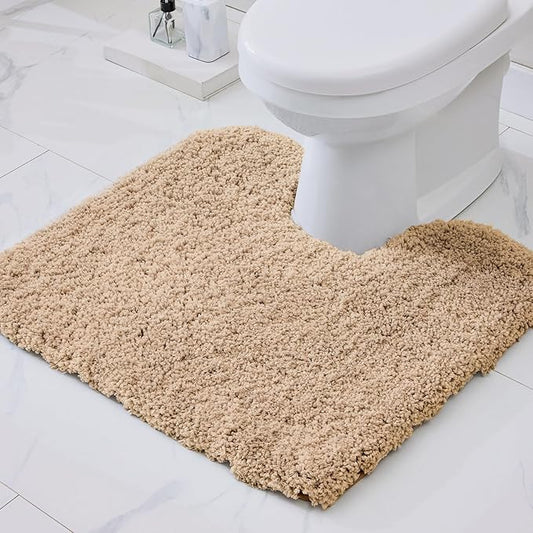 Beige Toilet Rug 22x24 Non Slip Fluffy Toilet Floor Mat U Shaped Washable Bathroom Contour Rug for Toilet Absorbent Thick Toilet Carpet