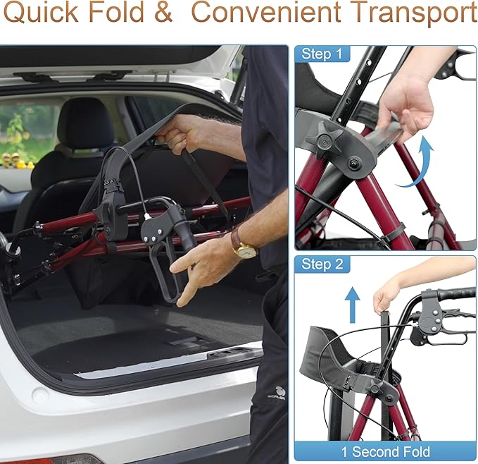 Rollator Walkers with Seat for Seniors, Foldable 8" Big Wheels All Terrain Rolling Walker, Handles and Ergonomic Seat Height Adjustable, 350lb Weight Capacity