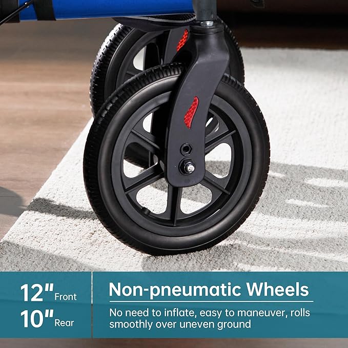 ELENKER All-Terrain Rollator Walker with Seat, Outdoor Rolling Walker, 12” Non-Pneumatic Tire Front Wheels, Compact Folding Design for Seniors, Blue