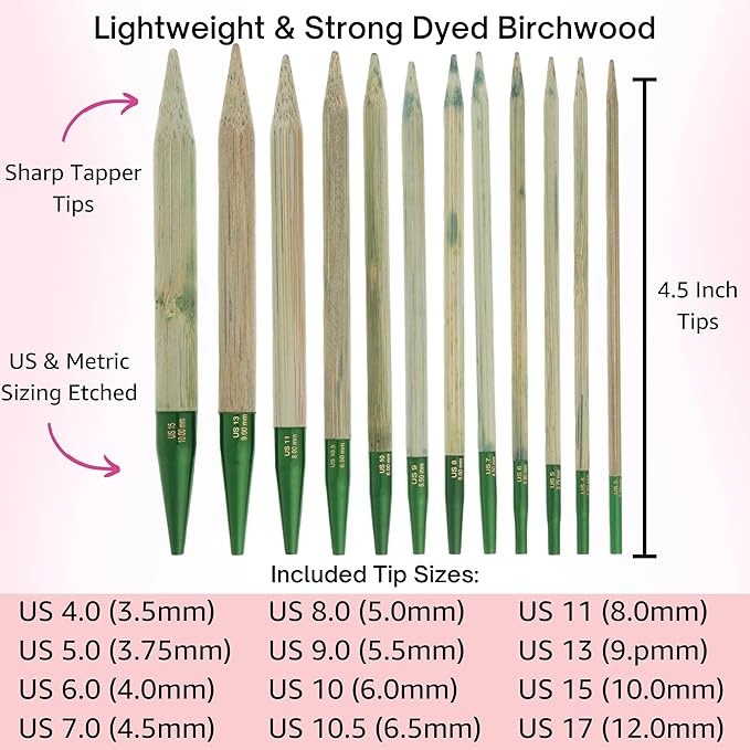 Lykke Grove 5 in. Complete Set US Sizes US 3, 4, 5, 6, 7, 8, 9, 10, 10.5, 11, 13, 15 Interchangeable Circ. Knitting Needles for DK, Worsted, Chunky Yarns, Bamboo, 5 Cords, Green BW Case, Project Bag