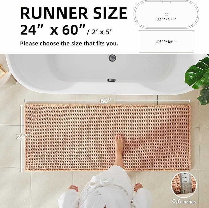 Waffle Runner Rug Bathroom, Long Boho Bathroom Rugs Non Slip Washable Super Absorbent Quick Dry Farmhouse Bath Decor, 60"x24" Light Peach