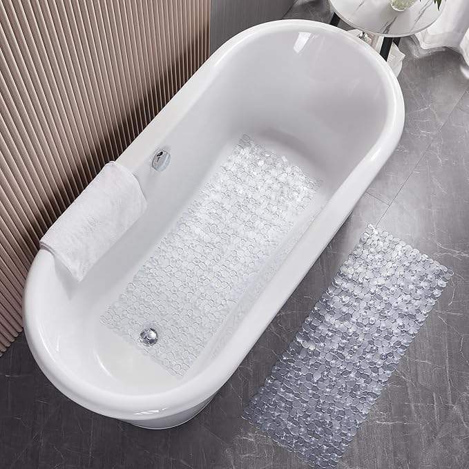 Bath Shower Mat Non Slip: Extra Large Pebble Bathtub mat for Families, Anti Slip Shower Matt with Drain Holes Suction Cups Tub Mat - 16 X 40 Inch Clear