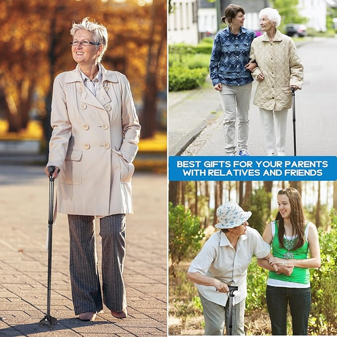 Folding Walking Quad Cane for Men and Women,Ultra Lightweight Sturdy Height Adjustable Nonslip Rubber Tips Free Standing Cane,Collapsible Walking Sticks for Seniors & Adults [Black]