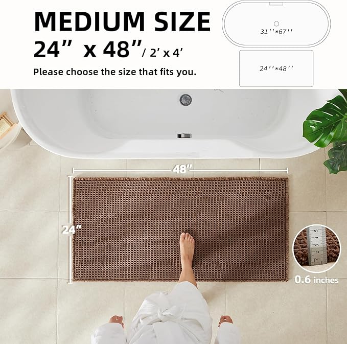 Waffle Bath Mat, Boho Bathroom Rugs Non Slip Washable Super Absorbent Quick Dry Bath Mat Farmhouse Bathroom Decor, 48"x24" Mocha