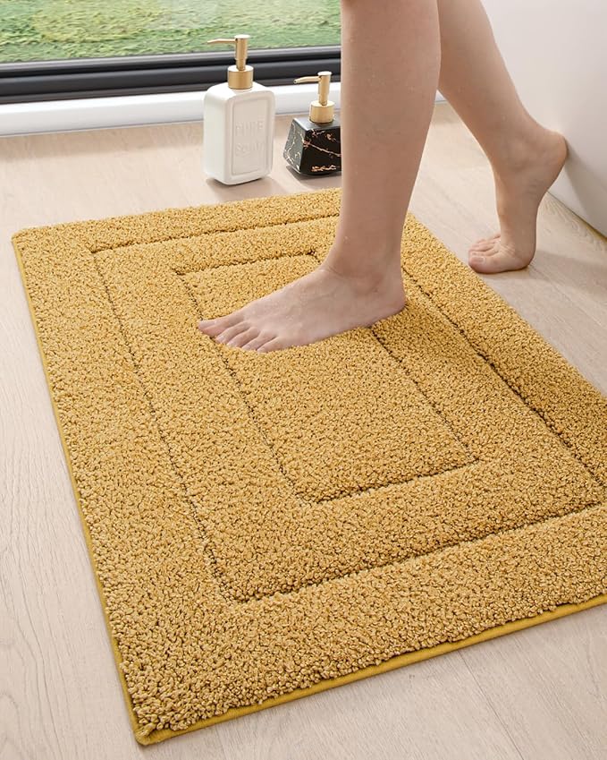 DEXI Bathroom Rug 24x16, Non Slip Washable Bath Mat for Shower Floor, Absorbent Soft Bathmat with Rubber Backing, Quick Dry Microfiber Carpet, Yellow